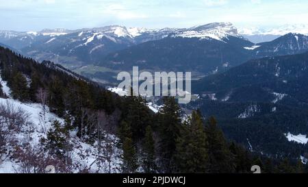 Vista del drone del paesaggio Chartreuse, su un tardo pomeriggio nebbia, Balme de l'air, Saint-Pierre de Chartreuse, Isere, Francia Foto Stock