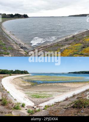 Composto di foto datate 02/04/23 (in alto) che mostrano Hanningfield Reservoir, in Essex, dopo il recente tempo umido per tutto il mese di marzo, e il 10/08/22 (in basso) durante un'estate particolarmente secca. I serbatoi in tutta l'Inghilterra sembrano aver beneficiato della marcia più umida del paese in più di 40 anni. Data di emissione: Domenica 2 aprile 2023. Foto Stock