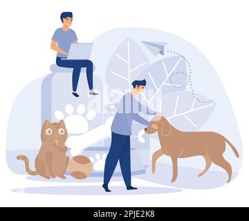 Animali domestici. Negozio di animali domestici. Concetto di persone piccole e animali domestici. disegno vettoriale piatto moderno Illustrazione Vettoriale