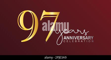 97th° anniversario festeggiamento numero di logo colore oro con sfondo rosso. vector anniversario per celebrazione, biglietto di invito, e saluto Illustrazione Vettoriale