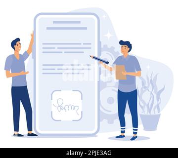 Firma digitale per documenti aziendali elettronici, accordo e certificato, disegno vettoriale piatto moderno Illustrazione Vettoriale