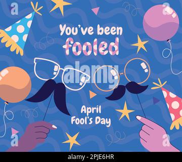 Aprile Fools Day testo e divertenti occhiali EPS 10 vettore illustrazione per biglietto di auguri, annuncio, promozione, poster, flier, blog, articolo, marketing, segnaletica Illustrazione Vettoriale
