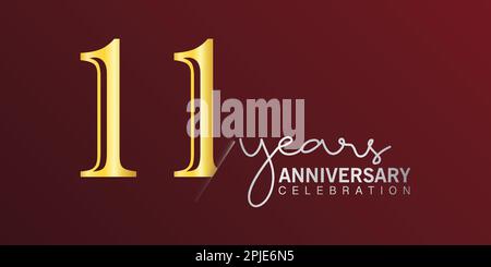 11th° anniversario festeggiamento numero di logo colore oro con sfondo rosso. vettore anniversario per celebrazione, biglietto di invito, e saluto c Illustrazione Vettoriale