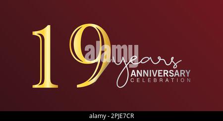 19th° anniversario festeggiamento numero di logo colore oro con sfondo rosso. vettore anniversario per celebrazione, biglietto di invito, e saluto c Illustrazione Vettoriale