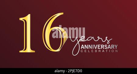 16th° anniversario festeggiamento numero di logo colore oro con sfondo rosso. vettore anniversario per celebrazione, biglietto di invito, e saluto c Illustrazione Vettoriale