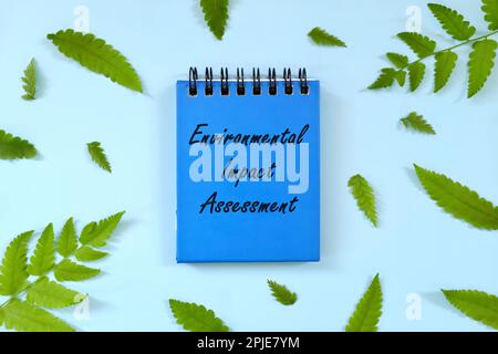 Valutazione dell'impatto ambientale o concetto via. Parola scritta su blocco note blu. Bella composizione piatta minimalista. Foto Stock