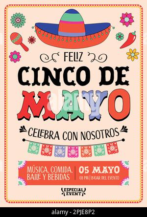 Cinco de Mayo - 5 maggio, festa federale in Messico. Bandiera Fiesta e poster design bandiere, fiori, decorazioni. Festeggia con noi. Musica, danza alimentare Illustrazione Vettoriale