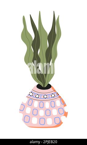 Pianta di serpente con vaso di argilla con set vettoriale ornamentale. Pianta che cresce in vaso o piantatrice. Bella casa naturale. Illustrazione Vettoriale