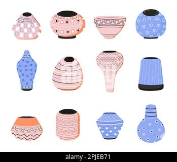 Vasi di fiori in ceramica con set vettoriale ornamentale. Vasi di fiori vuoti disegnati a mano. Raccolta di ceramiche di argilla per piante da casa. Illustrazione Vettoriale
