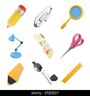 3d matita per rendering, graffetta, lampada blu, carta per esami, marcatore giallo, set di icone bussola, righello, lupa e forbici. 3d render education concept icon se Foto Stock