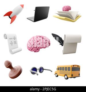 3d rocket rendering, laptop, libro aperto con cervello, segni matematici su un foglio, cervello, penna con carta, francobollo, occhiali e set di icone bus scuola. 3d re Foto Stock