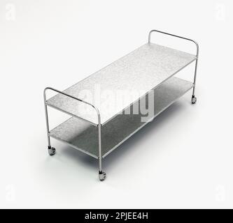 Un semplice ospedale in acciaio inossidabile e cromo o gurney mortuario con due superfici piane e ruote orientabili su un isolato Sfondo bianco - rendering 3D Foto Stock