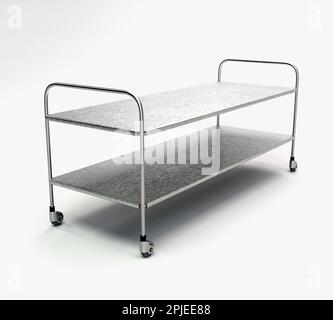 Un semplice ospedale in acciaio inossidabile e cromo o gurney mortuario con due superfici piane e ruote orientabili su un isolato Sfondo bianco - rendering 3D Foto Stock