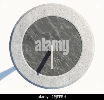 Una moderna meridiana rotonda in pietra con numeri romani incisi che si eressero su una base monolitica di roccia su uno sfondo isolato dello studio - 3D rendering Foto Stock