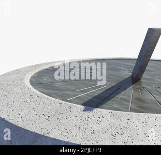 Una moderna meridiana rotonda in pietra con numeri romani incisi che si eressero su una base monolitica di roccia su uno sfondo isolato dello studio - 3D rendering Foto Stock