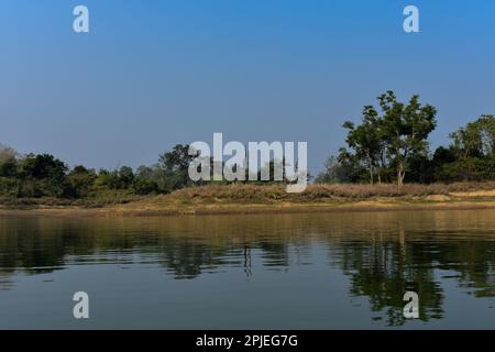 Una piccola isola lacustre a Dumboor . Con acqua limpida e riflesso di alberi in una giornata di sole . Foto Stock