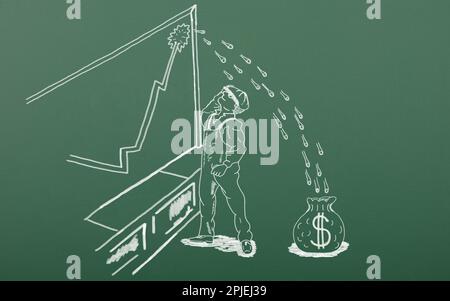 Il lavoratore di stile di disegno del cartone animato guarda il grafico finanziario. Il grafico sale e scorre in un sacco di soldi. Grafico a barre di vendita con illustrazione del design piatto Foto Stock