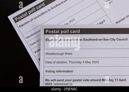 Southend on Sea, Essex, Regno Unito. 2nd Apr, 2023. Giovedì 4th maggio 2023 si terranno elezioni locali in tutto il Regno Unito per eleggere consiglieri e sindaci in consigli e autorità unitarie. Le schede postali sono arrivate agli indirizzi registrati per i voti postali nel Westborough Ward di Southend on Sea City Council, che si è tenuto dal Labour nelle elezioni del 2019 Foto Stock