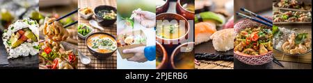 Concetto alimentare di vari pasti asiatici, tra cui sushi, tagliatelle e zuppe in una singola foto in un collage banner. Foto Stock