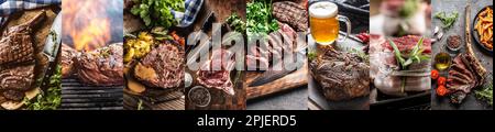 Vari tipi di succulenti e freschi grigliati e grigliati di carne di manzo alla griglia come concetto di cibo. Foto Stock