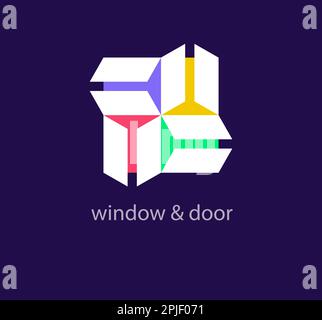 Logo per porte e finestre. Costruzione, casa, telaio, finestra, tecnologia, concetto di internet. Modello logo di identità aziendale Illustrazione Vettoriale