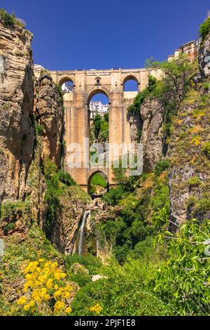 Il suggestivo ponte Puente Nuevo sopra la gola nella città di Ronda in Andalusia sotto il sole, Spagna Foto Stock