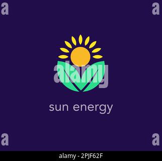 Logo foglia e sole. Modello con logo a foglia e girasole. design vettoriale unico. Illustrazione Vettoriale