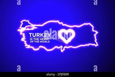 Neon cuore design, la Turchia è il cuore del mondo. Gravi terremoti, inondazioni, tempeste e disastri. Illustrazione Vettoriale