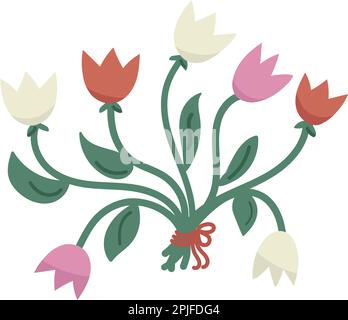 Bouquet vettoriale di tulipani rossi, rosa e bianchi isolati su fondo trasparente. Primavera cartone animato fiori Illustrazione Vettoriale