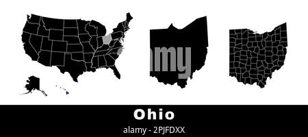Mappa dello stato dell'Ohio, Stati Uniti. Serie di mappe dell'Ohio con contorno, contee e mappa degli stati degli Stati Uniti. Illustrazione vettoriale in bianco e nero. Illustrazione Vettoriale