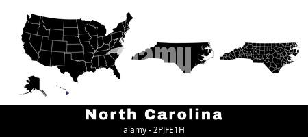 Mappa dello stato del North Carolina, Stati Uniti. Serie di mappe del North Carolina con contorno del confine, contee e mappa degli stati degli Stati Uniti. Illustrazione vettoriale in bianco e nero. Illustrazione Vettoriale