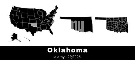 Mappa dello stato dell'Oklahoma, Stati Uniti. Set di mappe dell'Oklahoma con contorno, contee e mappa degli stati degli Stati Uniti. Illustrazione vettoriale in bianco e nero. Illustrazione Vettoriale