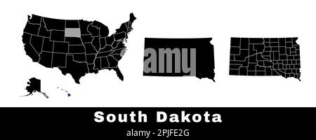 Mappa di stato del South Dakota, Stati Uniti. Serie di mappe del South Dakota con contorno del confine, contee e mappa degli stati degli Stati Uniti. Illustrazione vettoriale in bianco e nero. Illustrazione Vettoriale