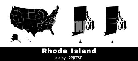 Mappa di stato di Rhode Island, Stati Uniti. Serie di mappe del Rhode Island con contorno, contee e mappa degli stati degli Stati Uniti. Illustrazione vettoriale in bianco e nero. Illustrazione Vettoriale