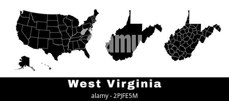 Mappa di stato della Virginia Occidentale, Stati Uniti. Serie di mappe della Virginia occidentale con contorno del confine, contee e mappa degli stati degli Stati Uniti. Illustrazione vettoriale in bianco e nero. Illustrazione Vettoriale