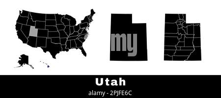 Mappa dello stato dello Utah, Stati Uniti. Serie di mappe dello Utah con contorno, contee e mappa degli stati degli Stati Uniti. Illustrazione vettoriale in bianco e nero. Illustrazione Vettoriale