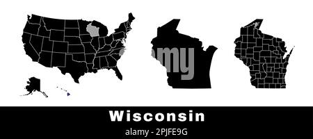 Mappa dello stato del Wisconsin, Stati Uniti. Serie di mappe del Wisconsin con contorno del confine, delle contee e della mappa degli stati degli Stati Uniti. Illustrazione vettoriale in bianco e nero. Illustrazione Vettoriale