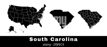 Mappa di stato del South Carolina, Stati Uniti. Serie di mappe della Carolina del Sud con contorni, contee e mappa degli stati Uniti. Illustrazione vettoriale in bianco e nero. Illustrazione Vettoriale