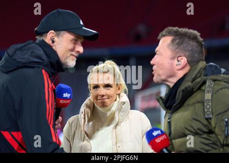 Monaco, Germania. 01 aprile 2023 Trainer Thomas Tuchel (FCB), team manager, allenatore, allenatore, presentatore Julia Simic Sky, co-presentatore TV Lothar Matthäus, nella partita FC BAYERN MUENCHEN - BORUSSIA DORTMUND 4-2 1.German Football League il 01 aprile 2023 a Monaco di Baviera, Germania. Stagione 2022/2023, giorno 26, 1.Bundesliga, FCB, BVB, München, 26.Spieltag. © Peter Schatz / Alamy Live News - LE NORMATIVE DFL VIETANO L'USO DELLE FOTOGRAFIE come SEQUENZE DI IMMAGINI e/o QUASI-VIDEO - Foto Stock