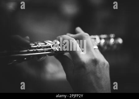 Un ritratto in bianco e nero delle dita di una mano di un musicista flautista che preme sulle valvole di un flauto metallico d'argento per suonare una nota di un musi Foto Stock