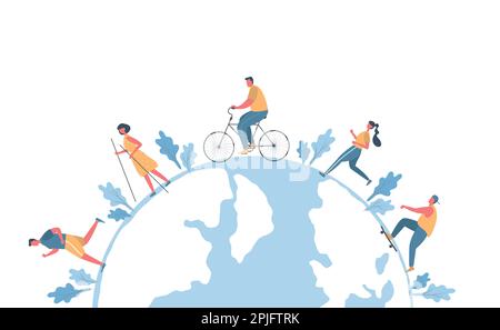 Persone in tutto il mondo. Concetto di stile di vita sano. Uomini e donne riposano: Cavalcare una bicicletta, fare skateboard, correre, camminare. Stile piatto. Illustrazione vettoriale Illustrazione Vettoriale