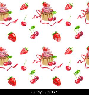 Un modello di cupcake, ciliegie e fragole. Collage delizioso. Illustrazione acquerello. Dolci Foto Stock