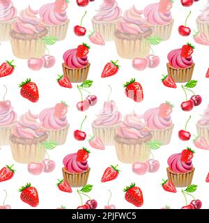 Un modello di cupcake, ciliegie e fragole. Collage delizioso. Illustrazione acquerello. Dolci Foto Stock