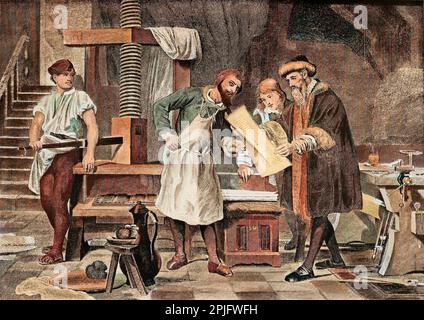 Johannes Gutenberg (1400-1468), imprimeur allemand et sa presse a imprimer. Foto Stock