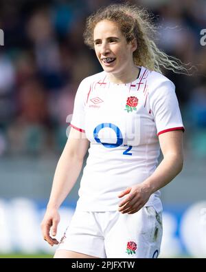 Abby Dow of England Women durante il TikTok Women's Six Nations Match Inghilterra vs Italia al Cinch Stadium di Franklin's Gardens, Northampton, Regno Unito, 2nd aprile 2023 (Photo by Nick Browning/News Images) Foto Stock