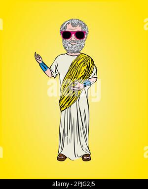 Aristotele, filosofo creativo e moderno, con barba e occhiali da sole rosa su sfondo giallo. Foto Stock