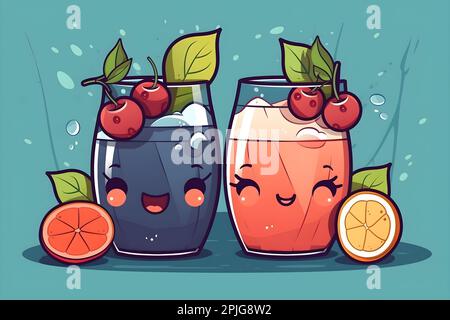 Cocktail estivi freddi analcolici e limonate in diversi bicchieri. Brillante illustrazione in stile Chibi giapponese con mocktail di fantasia fruttato in brigh Foto Stock