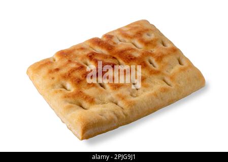 Focaccia tipica italiana genovese, pezzo di pane piatto isolato su bianco con percorso di ritaglio incluso Foto Stock