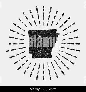 Mappa d'epoca dell'Arkansas. Grunge Sunburst in tutto lo stato degli Stati Uniti. Forma nera dell'Arkansas con raggi del sole su sfondo bianco. Illustrazione vettoriale. Illustrazione Vettoriale