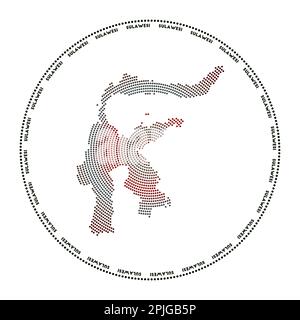 Logo tondo Sulawesi. Forma digitale di Sulawesi in cerchio punteggiato con il nome dell'isola. Icona tecnologica dell'isola con punti sfumati. Illustrazione Vettoriale